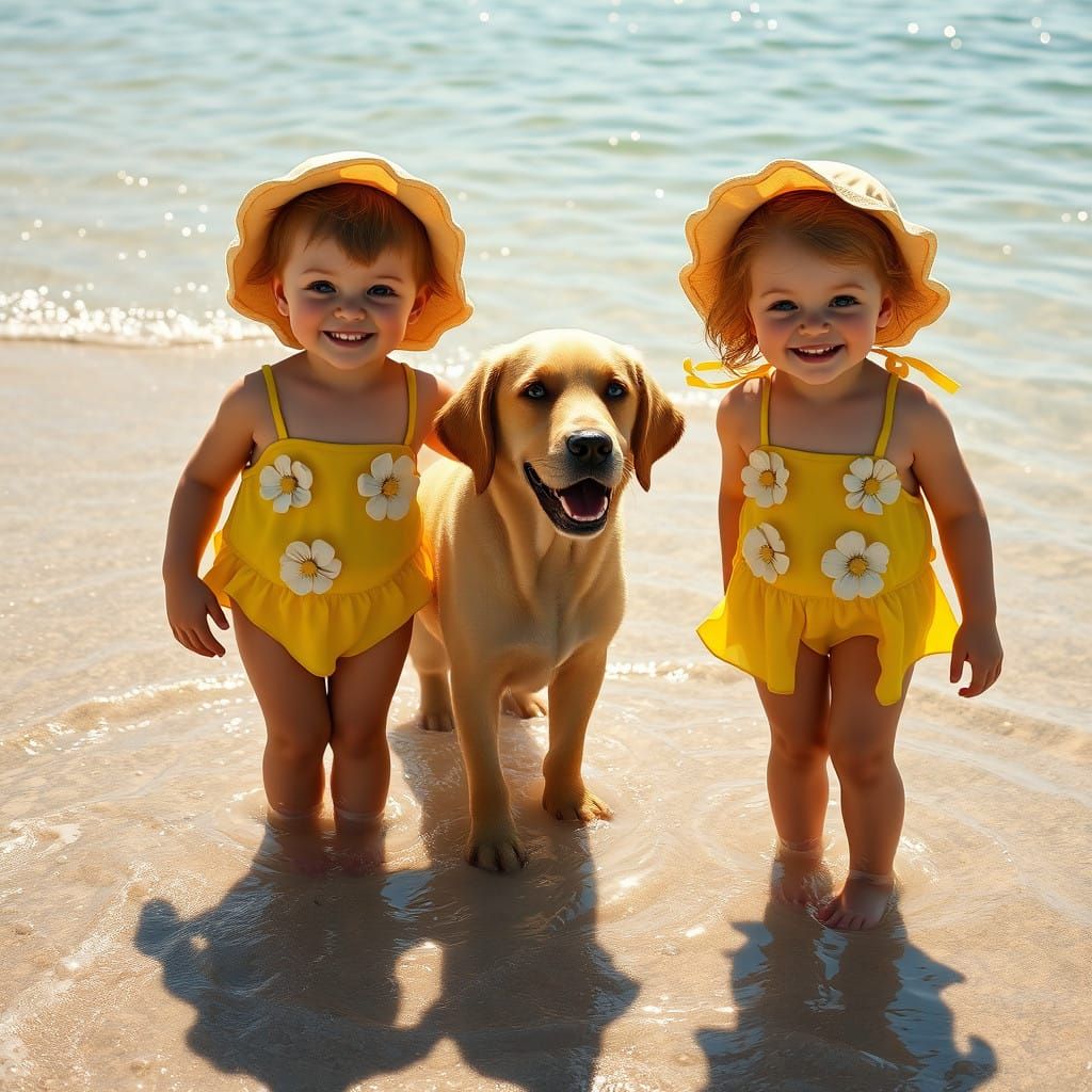 Joyful Beach Day with Children and Golden Retriever