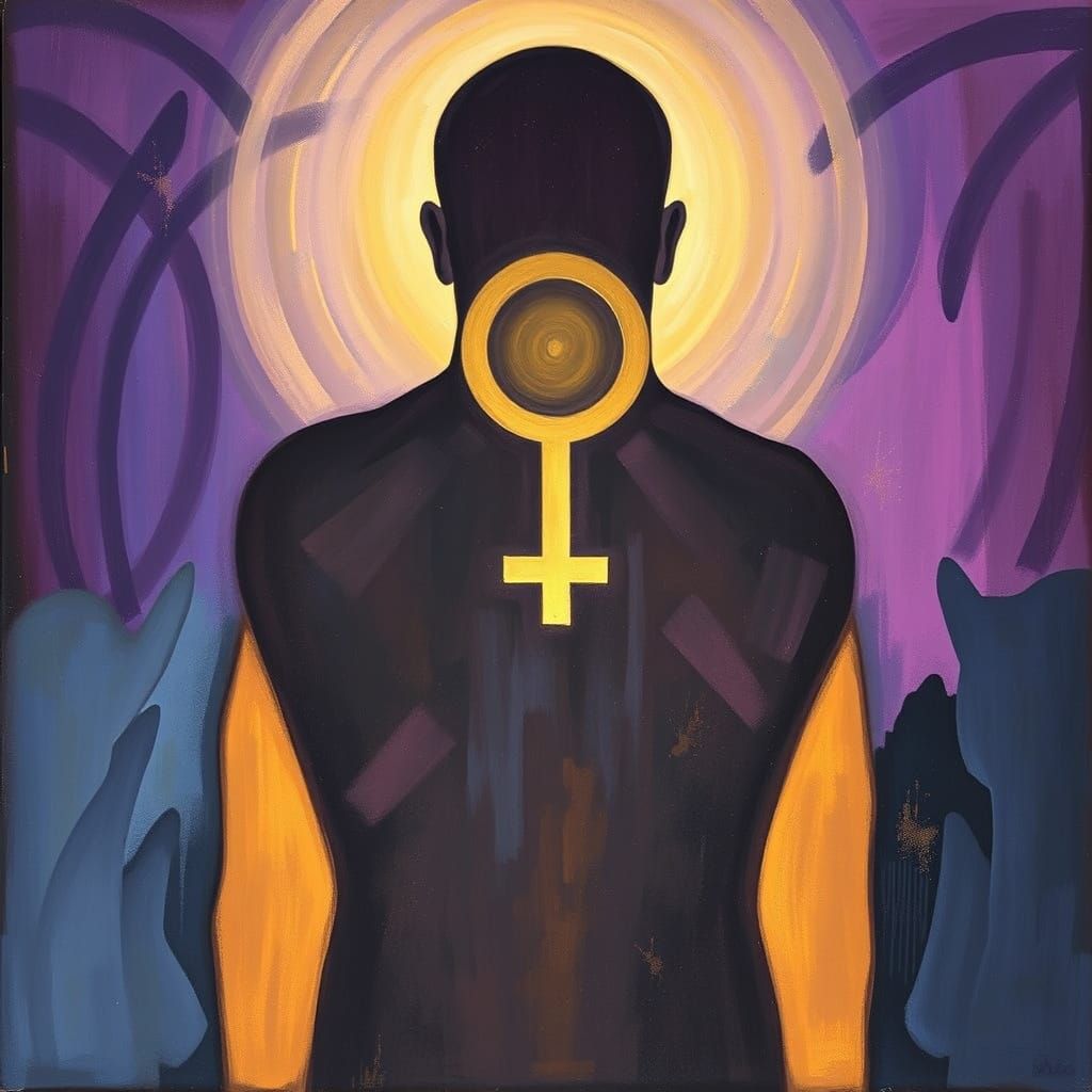 Abstract Male Shadow with Glowing Feminine Symbol