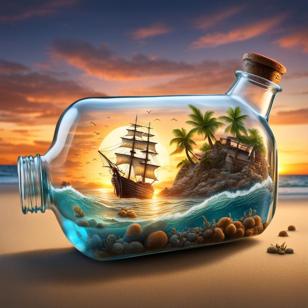 Shipwreck Beach in a Bottle: Hyperrealistic Detail
