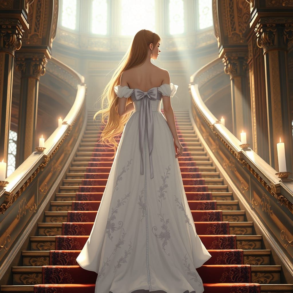 Elegant 3D Anime Woman Ascends Grand Staircase in Majesty