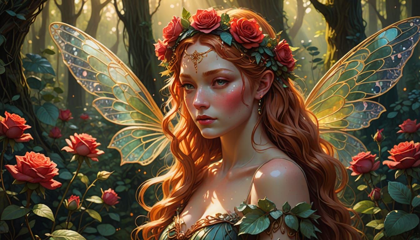 Whimsical Faerie on Rose in Enchanted Forest
