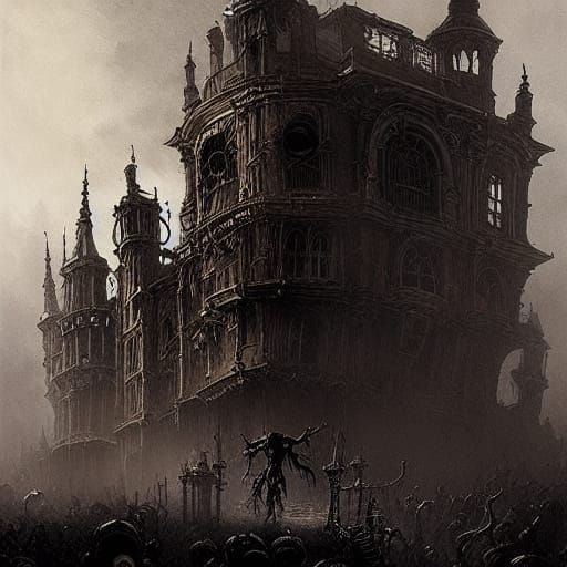 Steampunk Halloween Monsters in Horror Scene