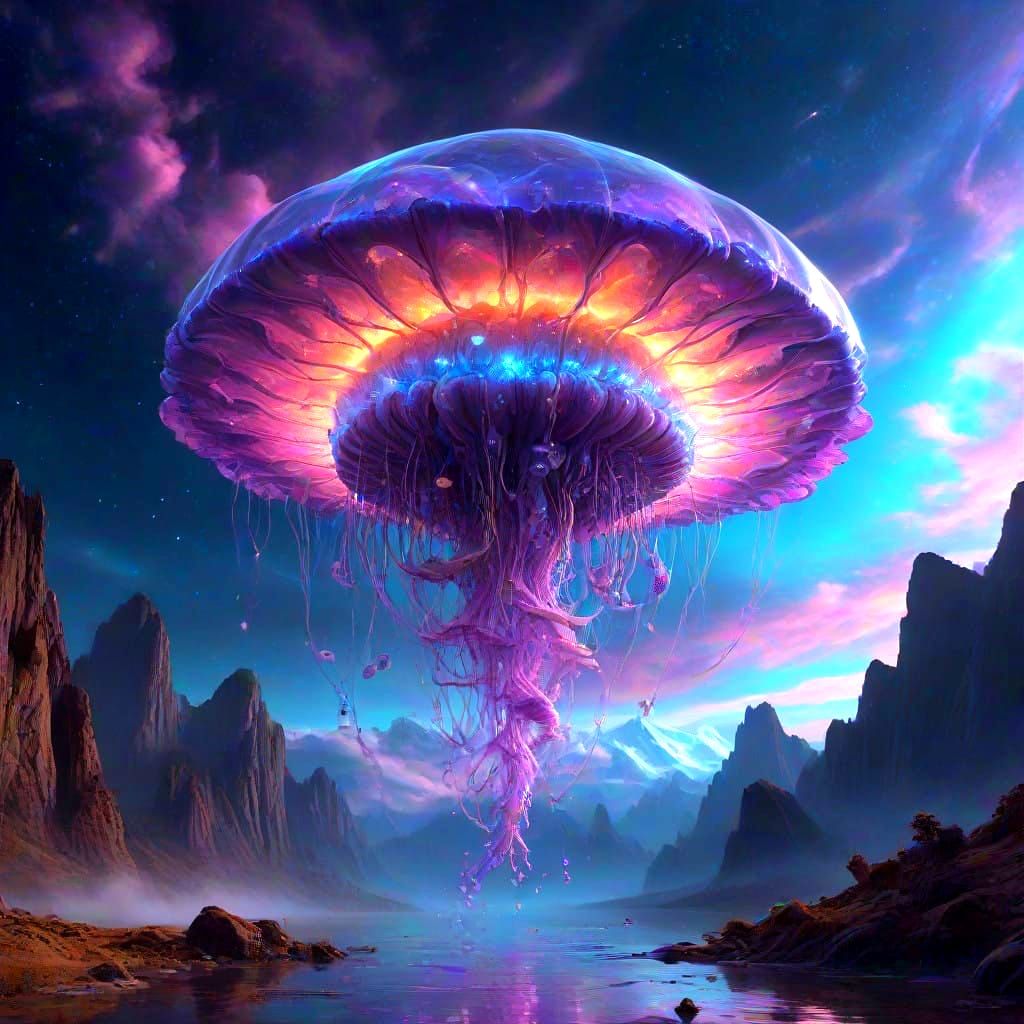 Ethereal Celestial Jellyfish Spaceship in Turbulent Galactic...