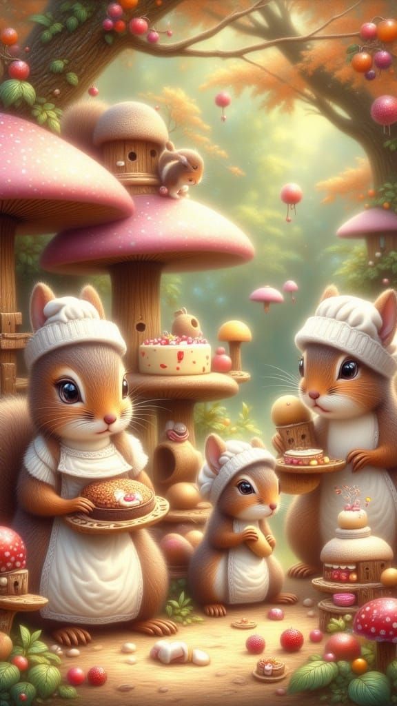 Squirrels Baking in a Magical Forest Bakery