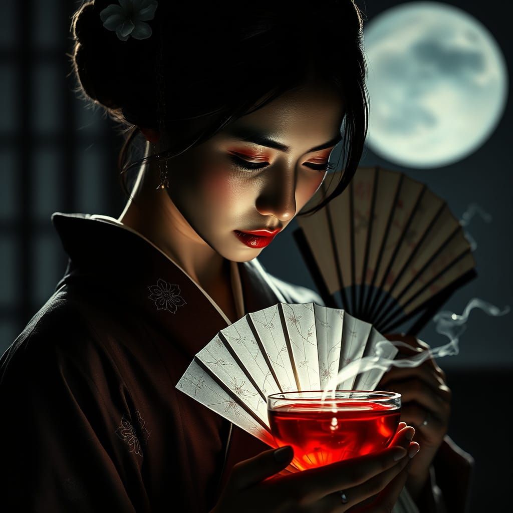 A Woman in Traditional Kimono, Moonlit, Whispers Secrets to ...