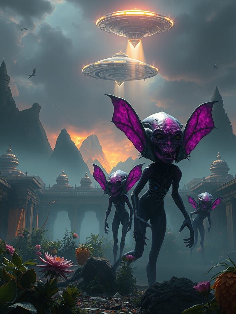 Babylonian Gardens Encounter with Aliens in Stormy Sky