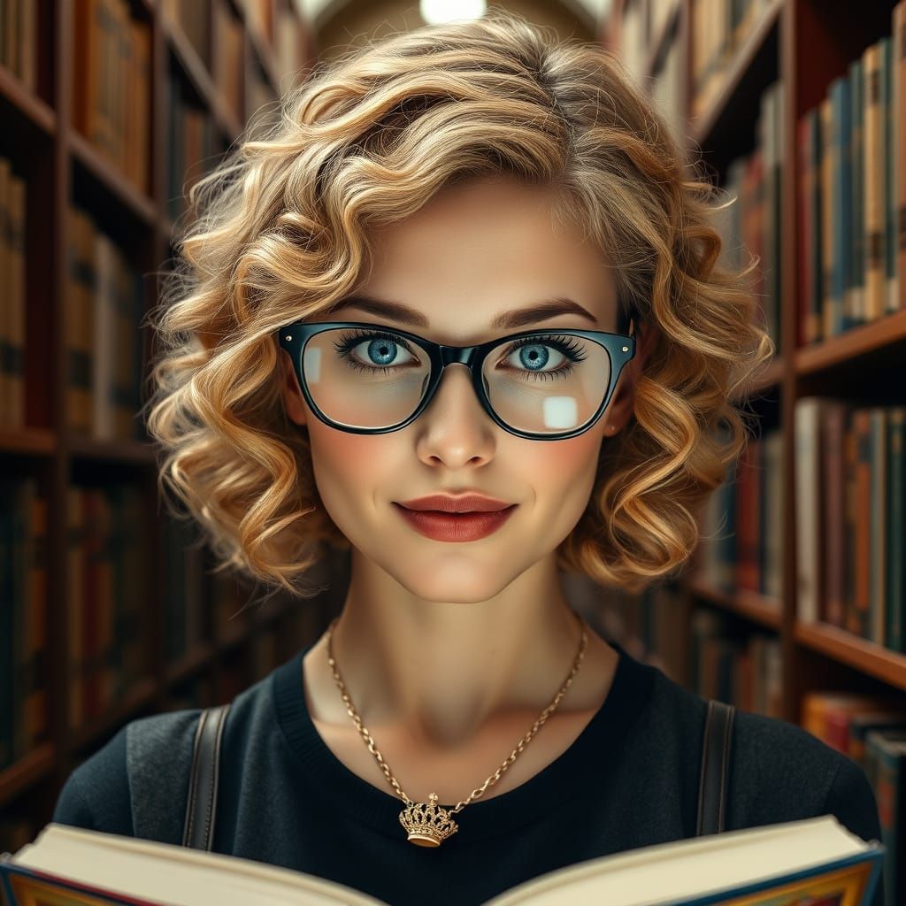 Elegant Woman in a Library, Inspired by Art Nouveau