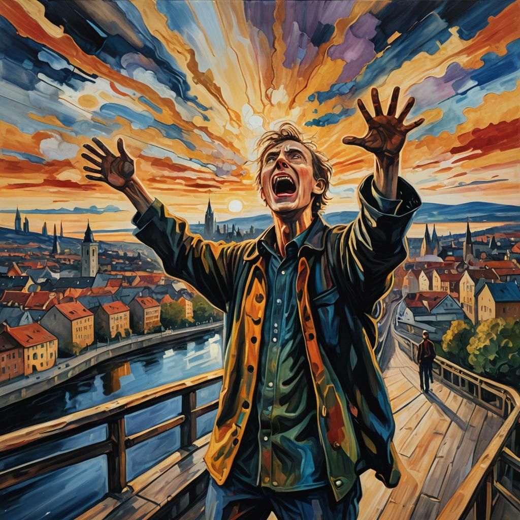 Expressionist Scream on Bridge at Sunset