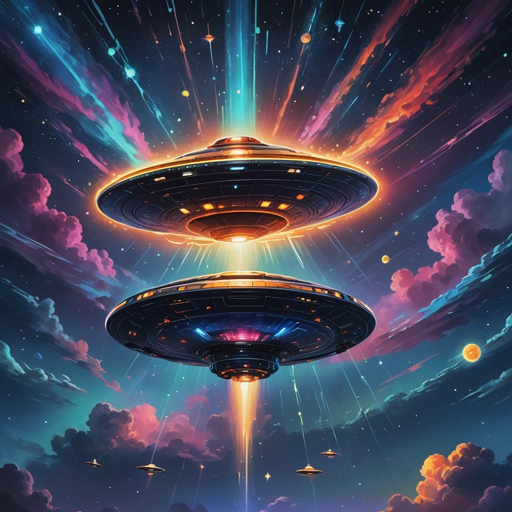 UFO Soaring Through Starry Sky: Sci-Fi Illustration