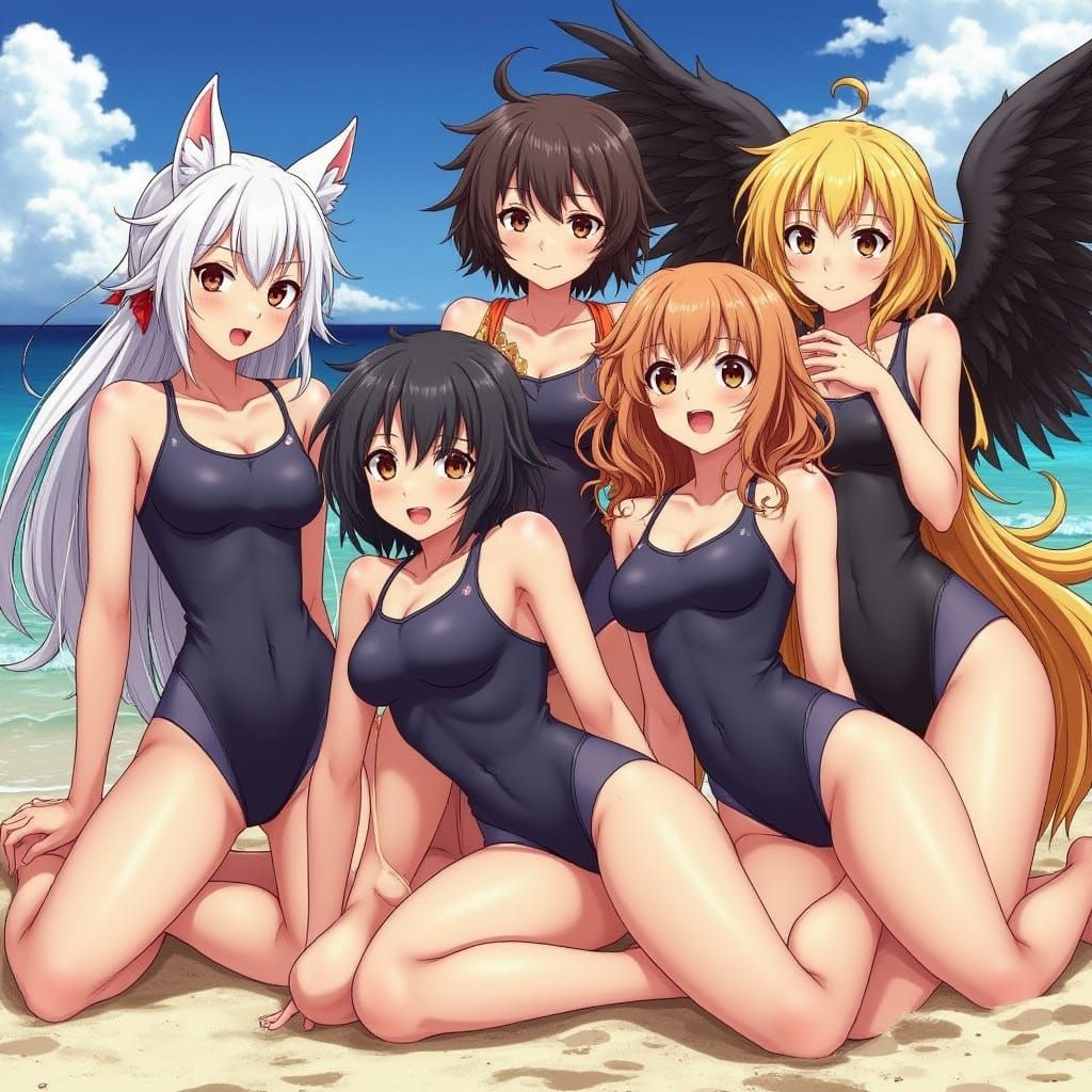 Anime Girls on Beach in Studio Trigger Style