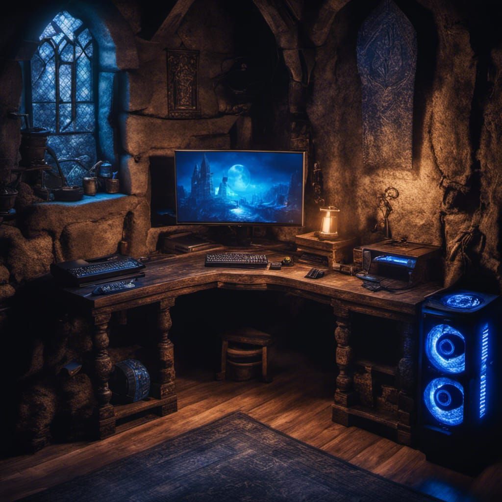 Gaming PC Setup in Medieval Room with Blue Lighting