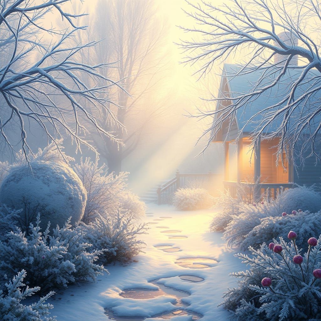 Ethereal Frosted Garden in Luminous Kinkade Style