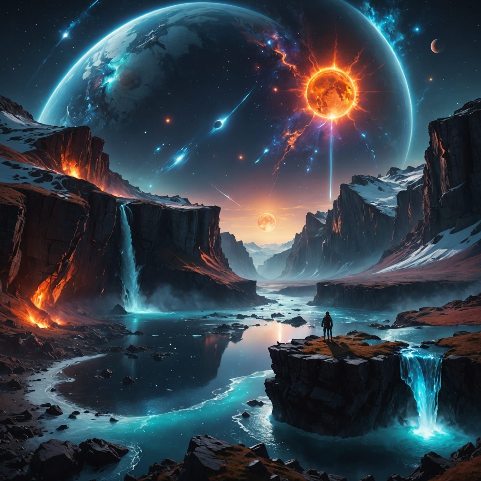 Ethereal Fantasy World on a Cliff's Edge Under a Distant Gal...