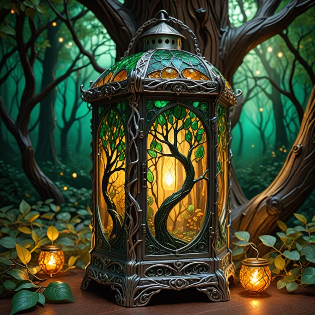 Enchanted Forest Lantern in Art Nouveau Style