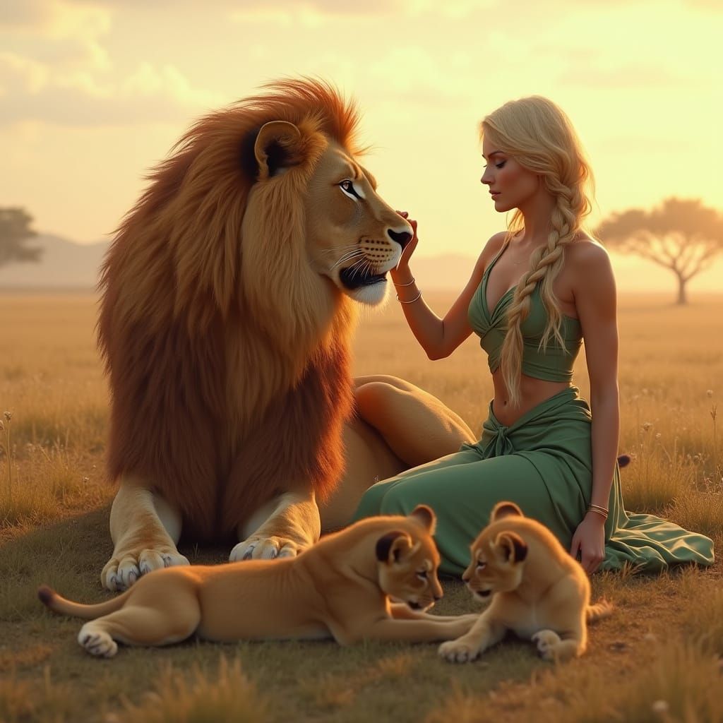 Majestic Lion Rests Beside Serene Woman in Vibrant Savannah ...