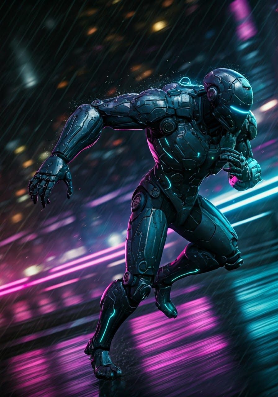 Futuristic Android Cyborg Rushing Through Neon Metropolis