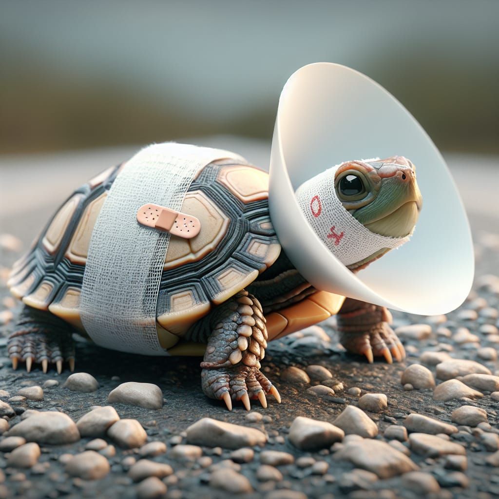 Injured Turtle with Cone and Bandage
