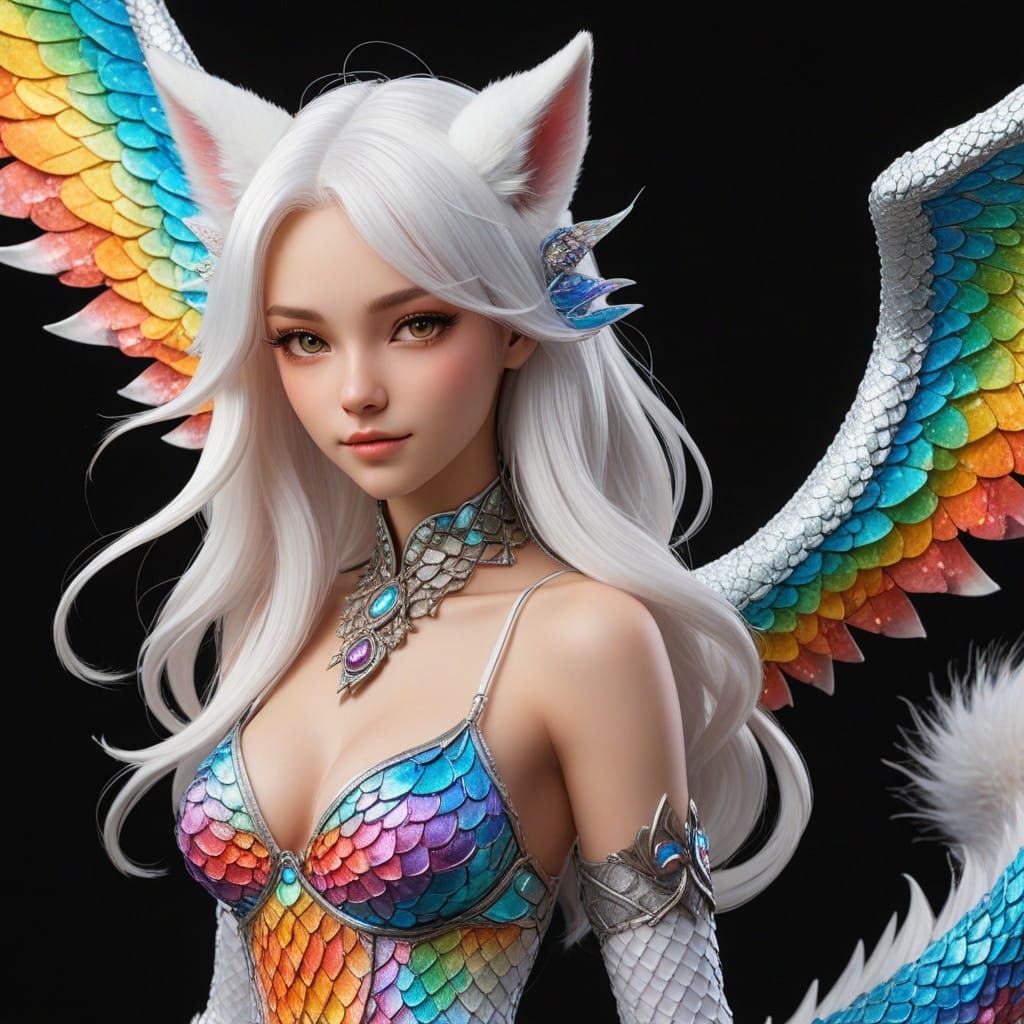Vibrant Kitsune Magic Girl with Rainbow Scales and Dragon Wi...