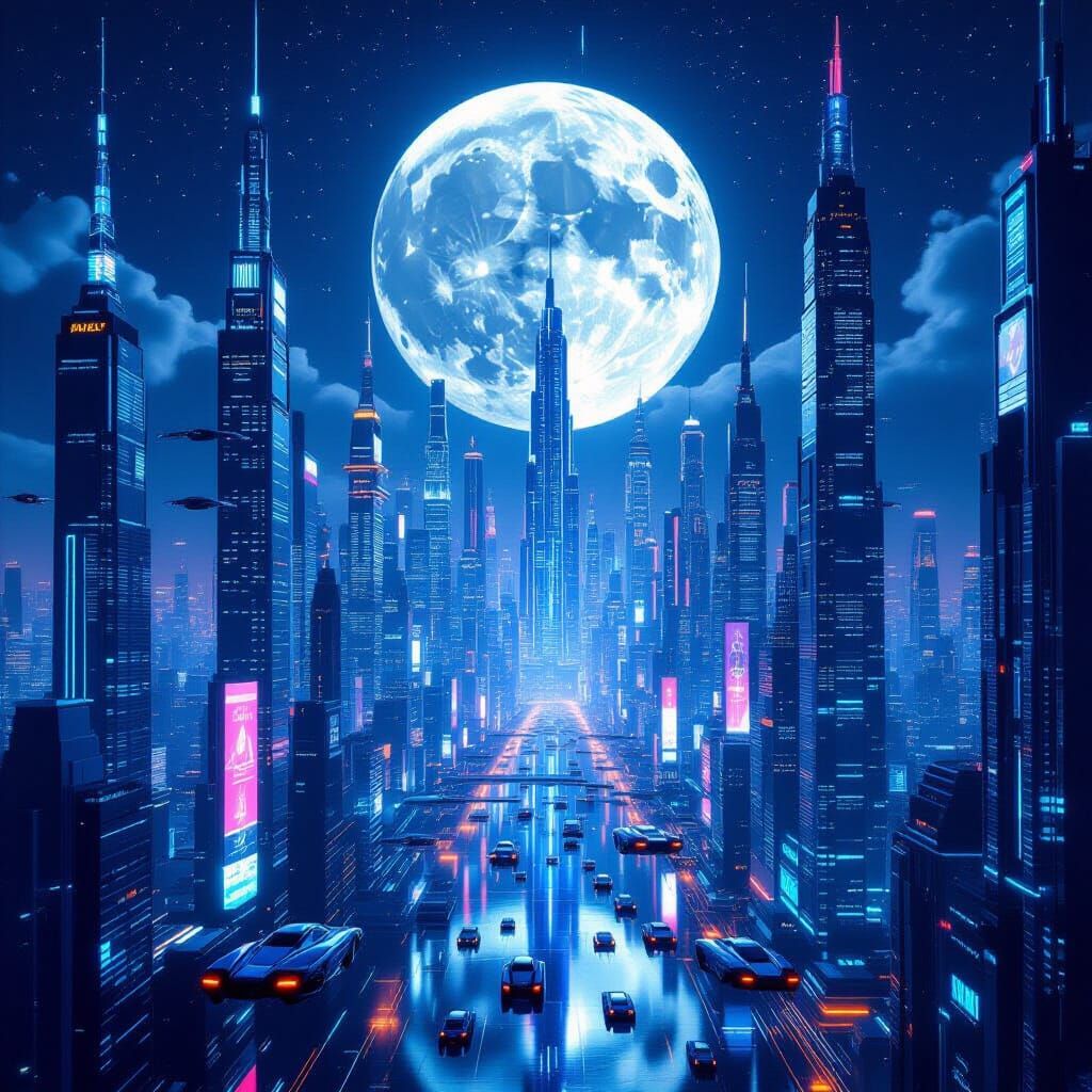 Futuristic Cityscape at Night: Glowing Skyscrapers & Flying ...