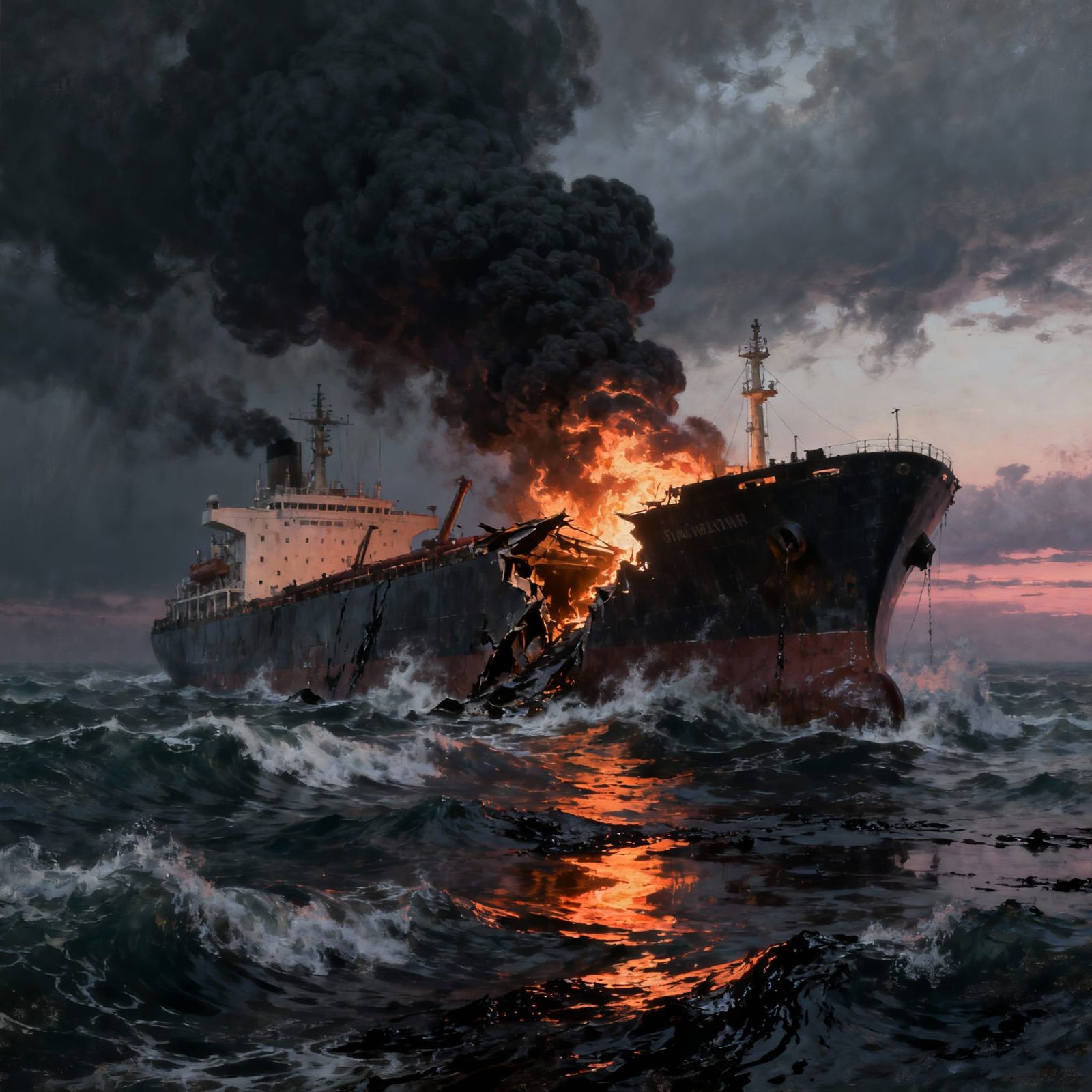 Crashed Oil Tanker Ablaze in Stormy Seas