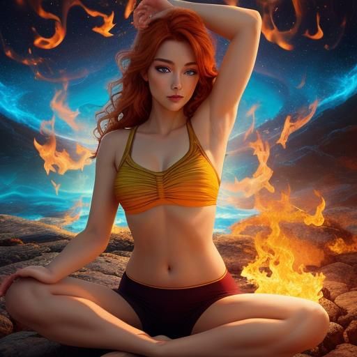 Surreal Yoga Woman Surrounded by Flames