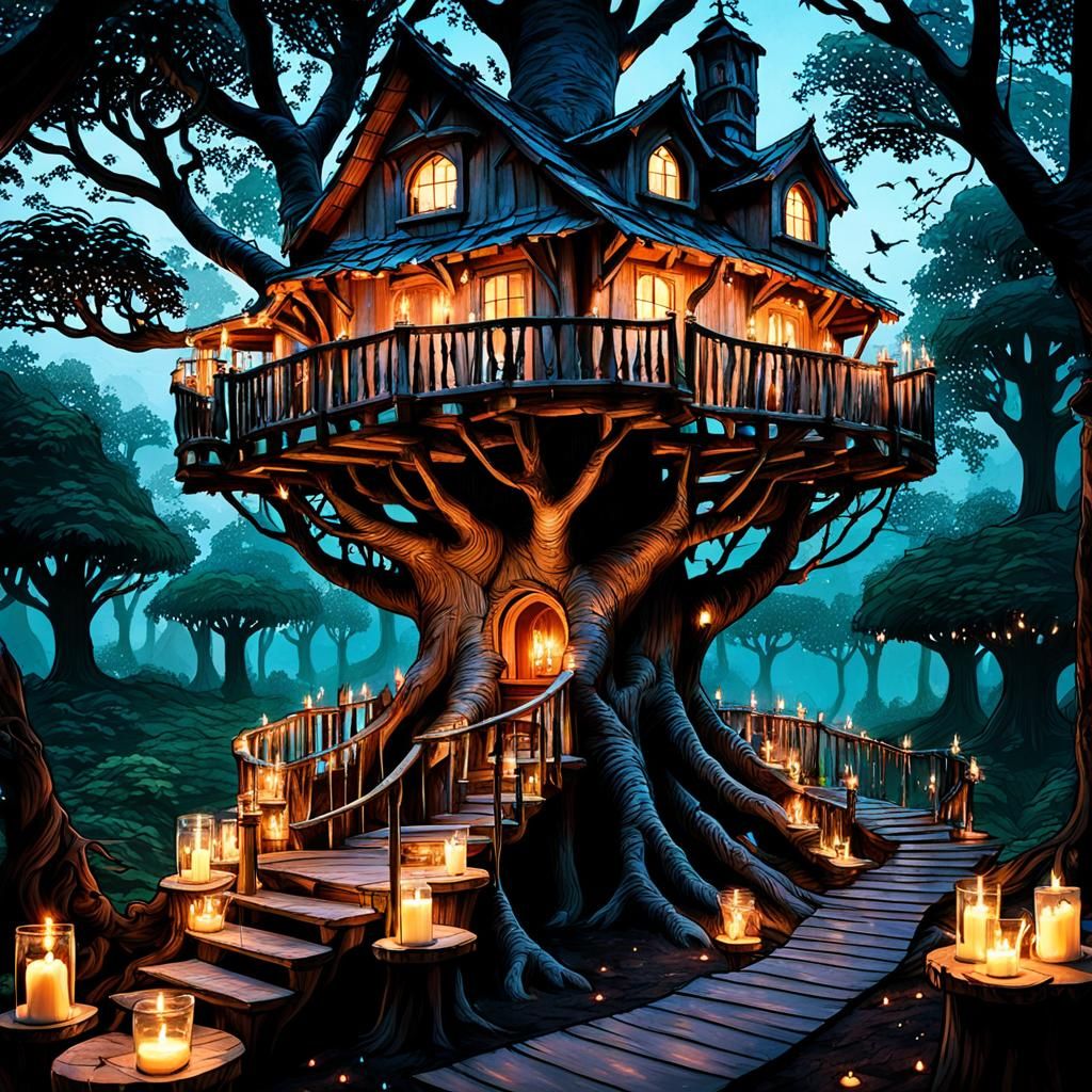 Fairytale Treehouse Aglow with Candlelight