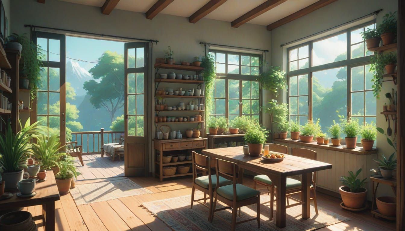 Cozy Woodland Kitchen in Warm, Golden Light