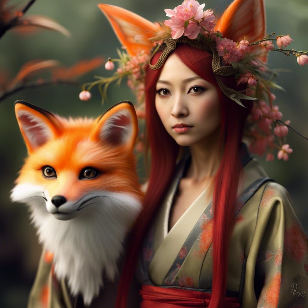 Realistic Japanese Fox Fairy Woman Portrait