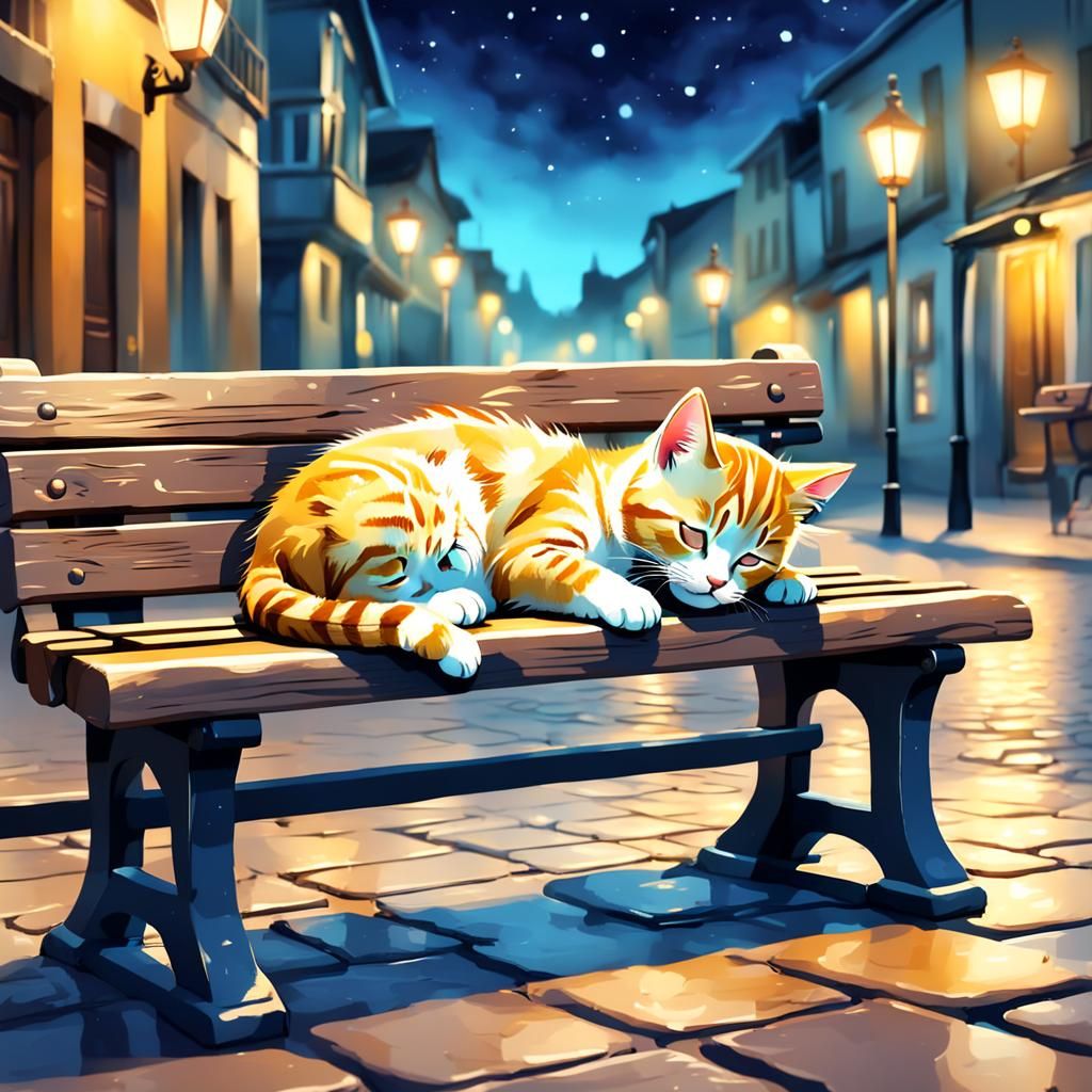 Kitten Napping on Bench: 3D Watercolor in Golden Light