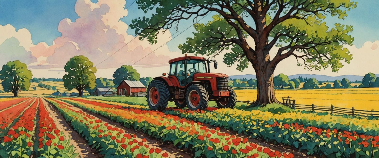 Retro Comic Style Barn with Flower Fields and Tractor