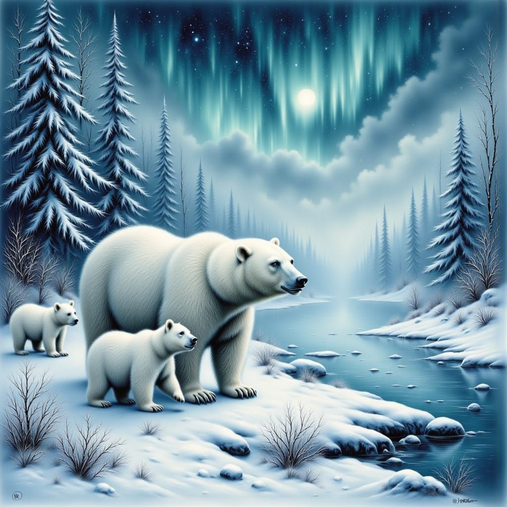 Realistic Polar Bears and Cubs in Ethereal Winter Landscape