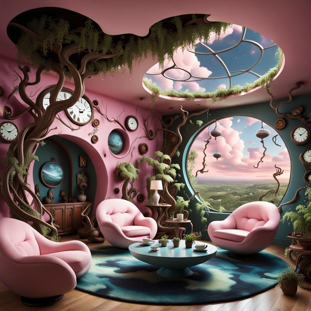 Surreal Living Room with Floating Furniture and Glowing Plan...