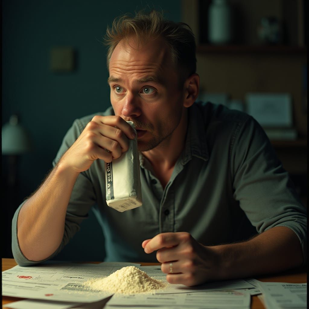 Man Sniffing Baking Powder with Insurance Documents