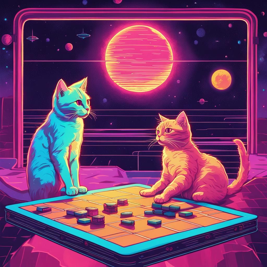 Cats Playing Board Game in Space: Synthwave Neon