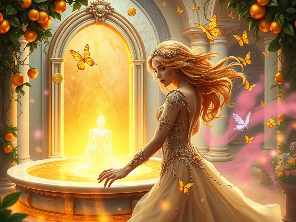 Golden Haired Woman Reaching for Fountain in Dreamy Garden