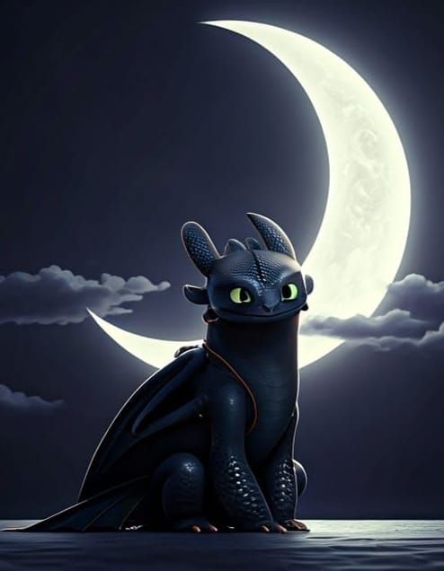 Toothless Soars Behind a Celestial Moon in a Vibrant Fantasy...