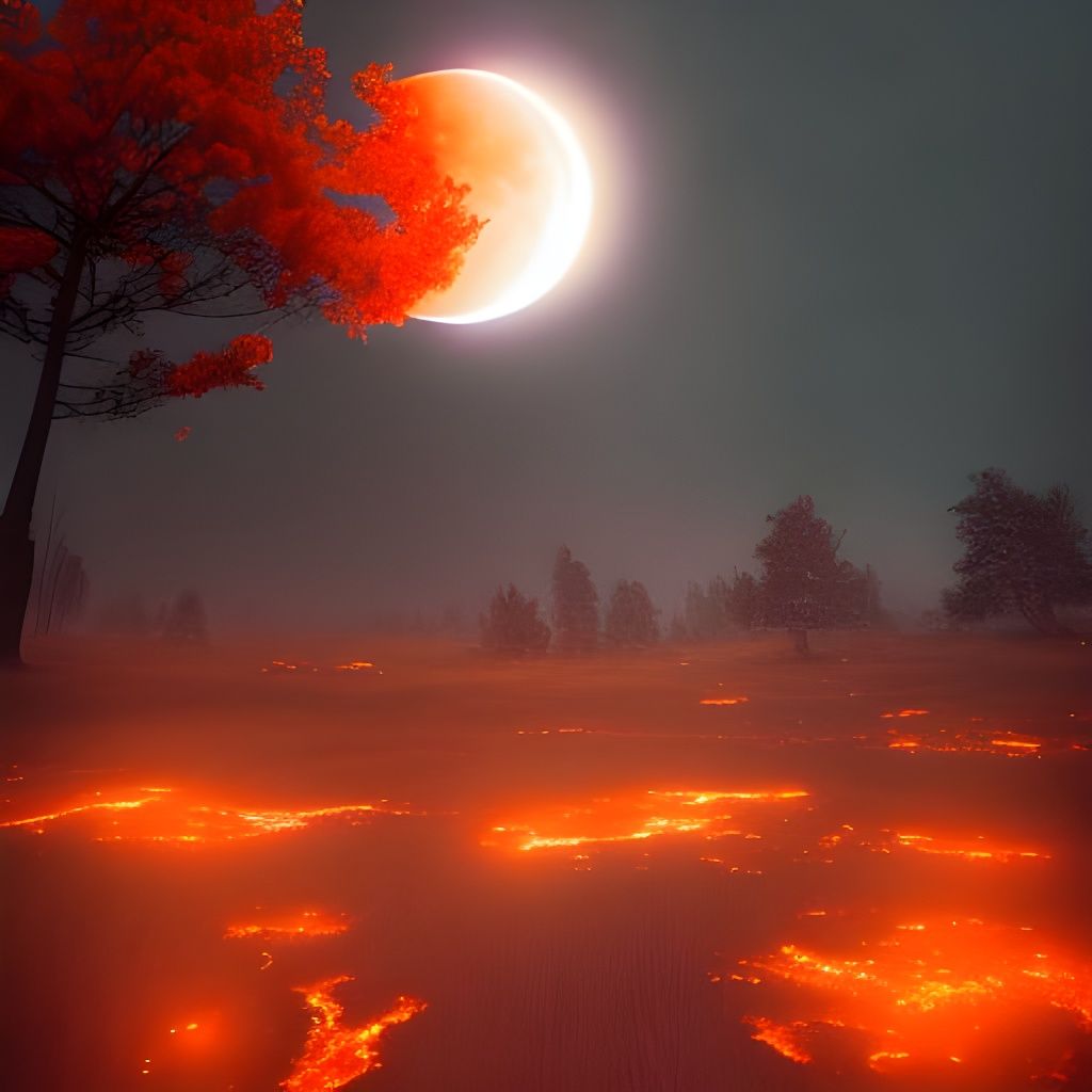 Orange Moon Eclipse Over Burning Meadow