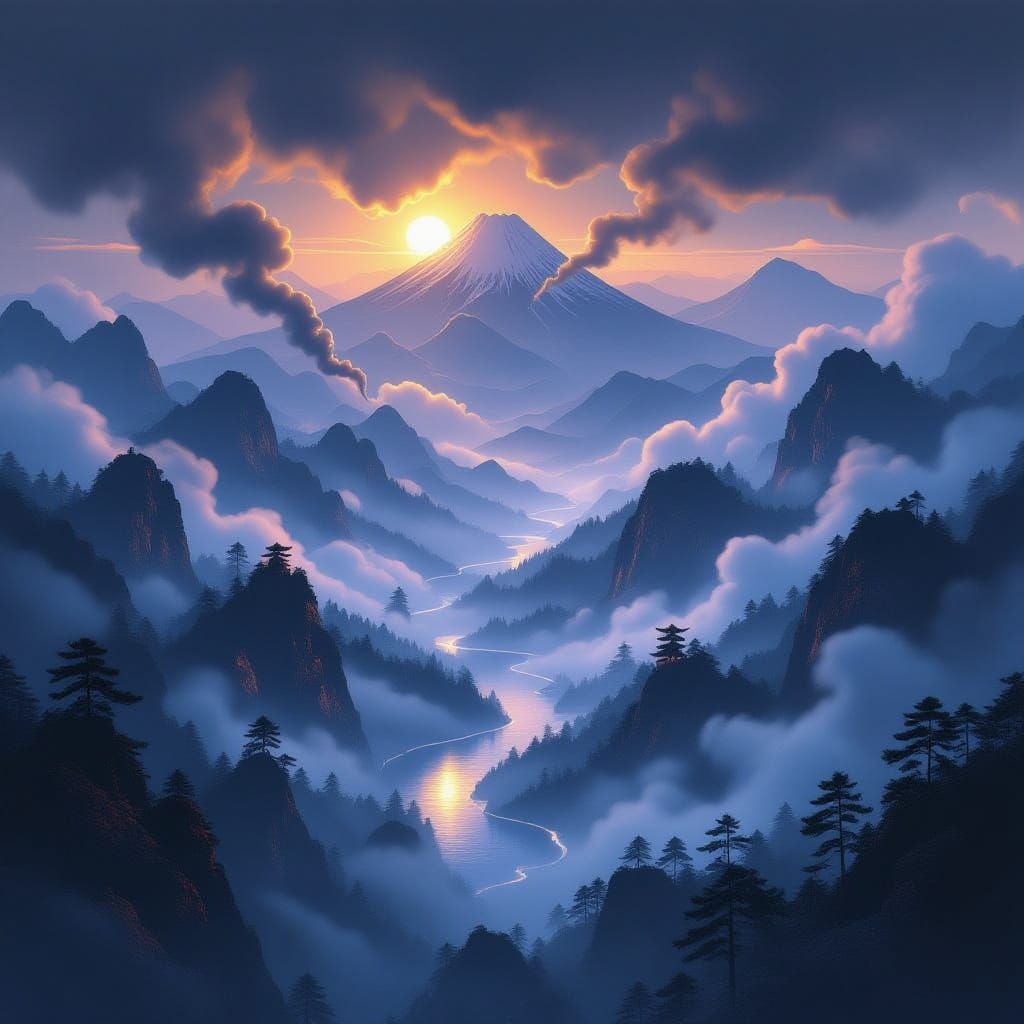 Misty Japanese Mountains with Neon Highlights