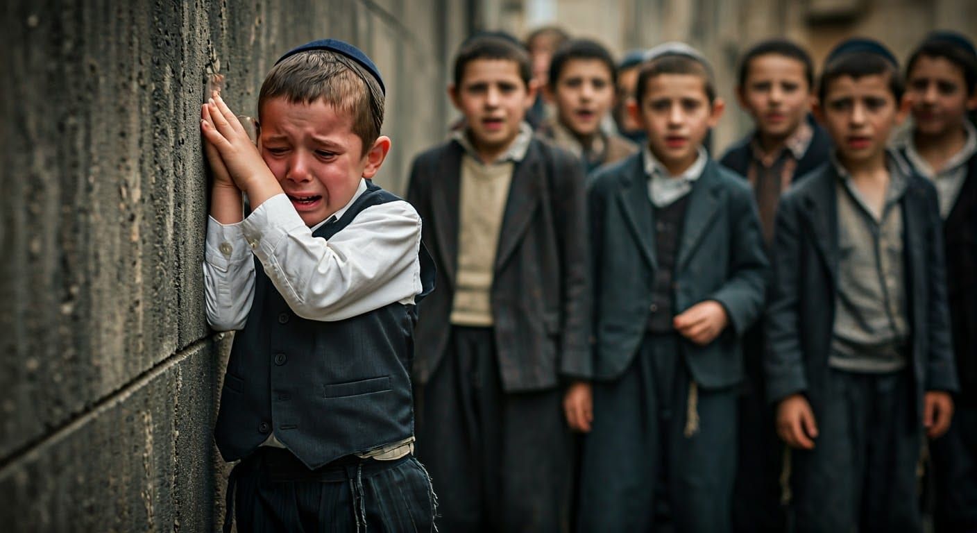 Sorrowful Boy in Traditional Clothing by Concrete Wall