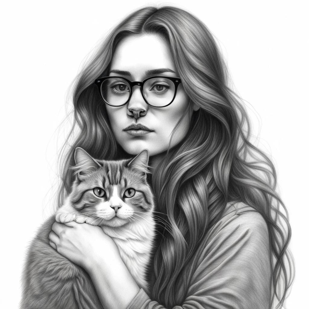 Shy Girl with Calico Cat: Hyperdetailed Charcoal Drawing