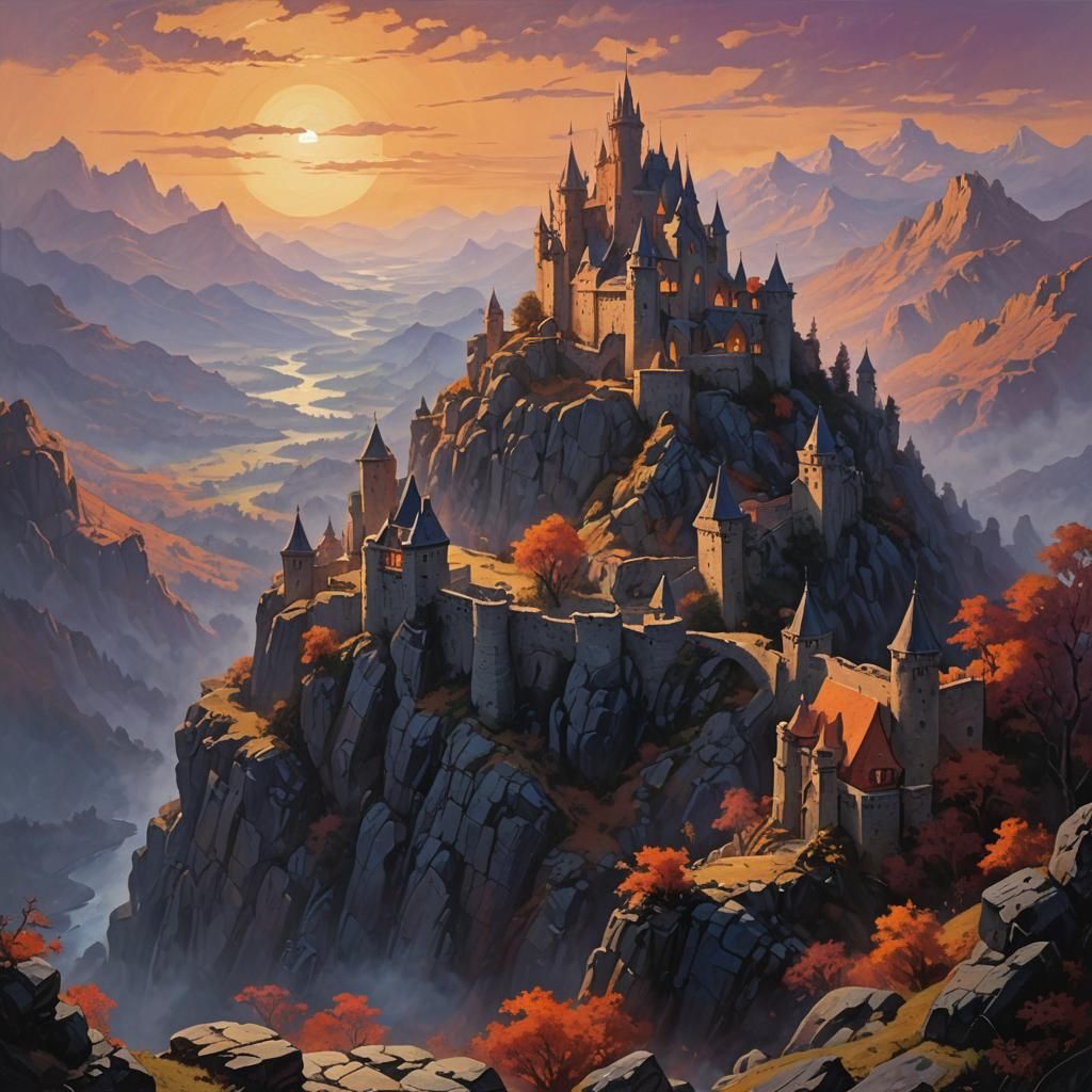 Fantasy Castle at Sunset in Oil Painting Style
