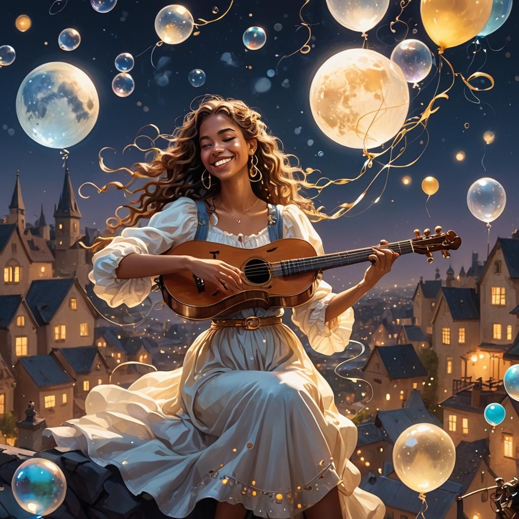 Girl Plays Music Under the Moon, Fantasy Art