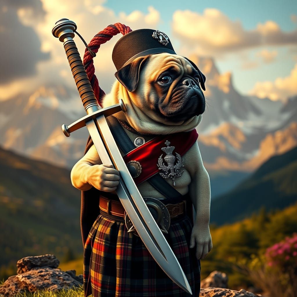 Regal Pug Warrior in Traditional Scottish Attire