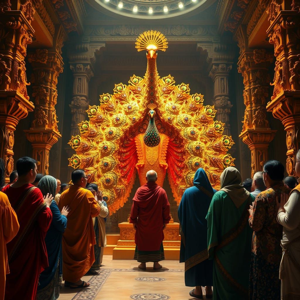Golden Peacock Reverence in Ancient Temple