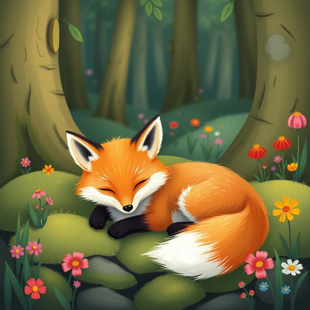 Fox Lounging in Forest Clearing in Whimsical Style