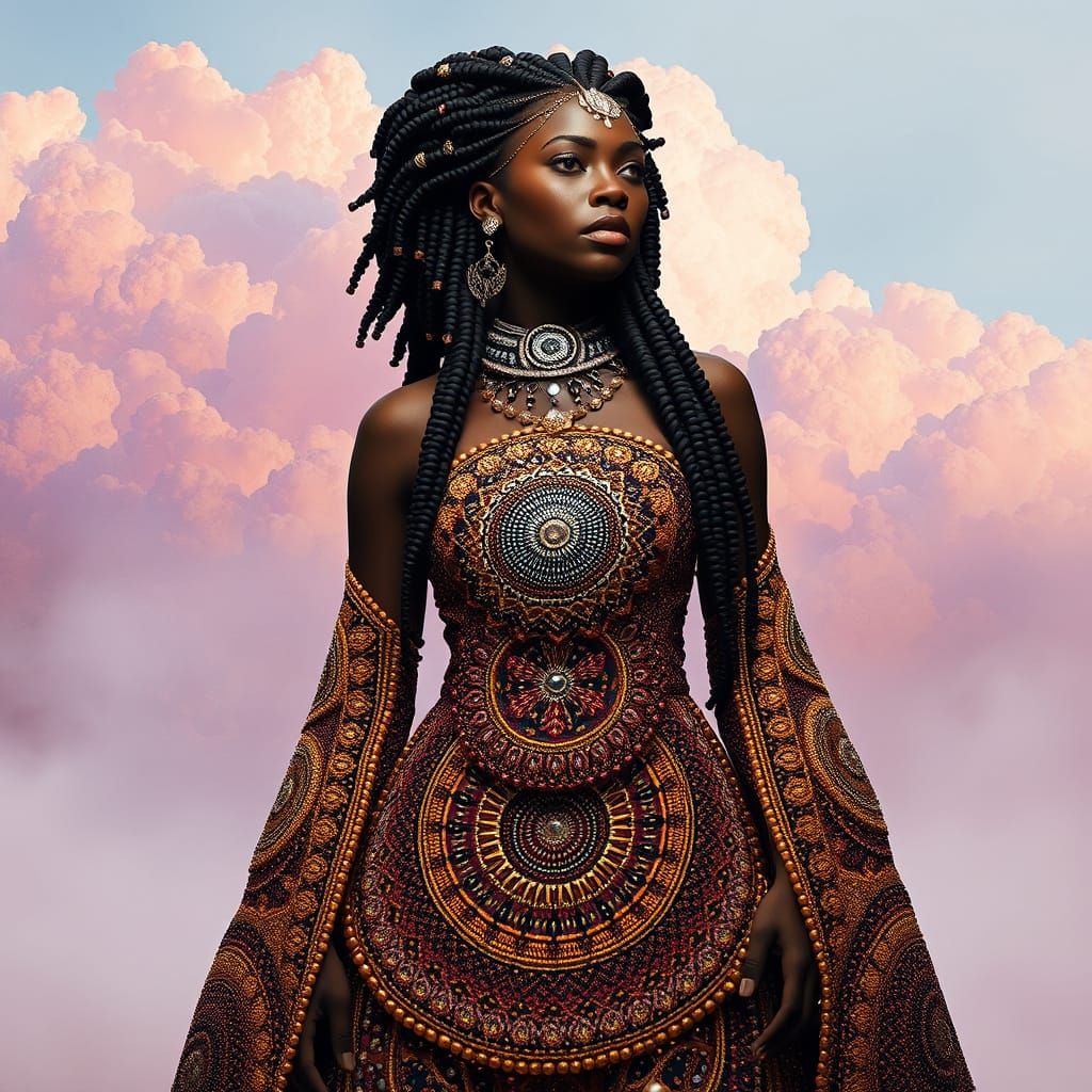 Goddess Adorned in Maximalist Beadwork with Divine Aura