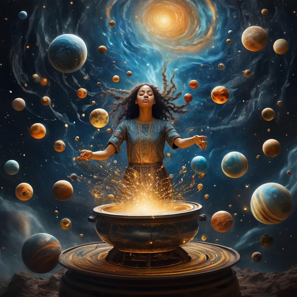 Celestial Woman Stirring Cosmic Soup: Surreal Art