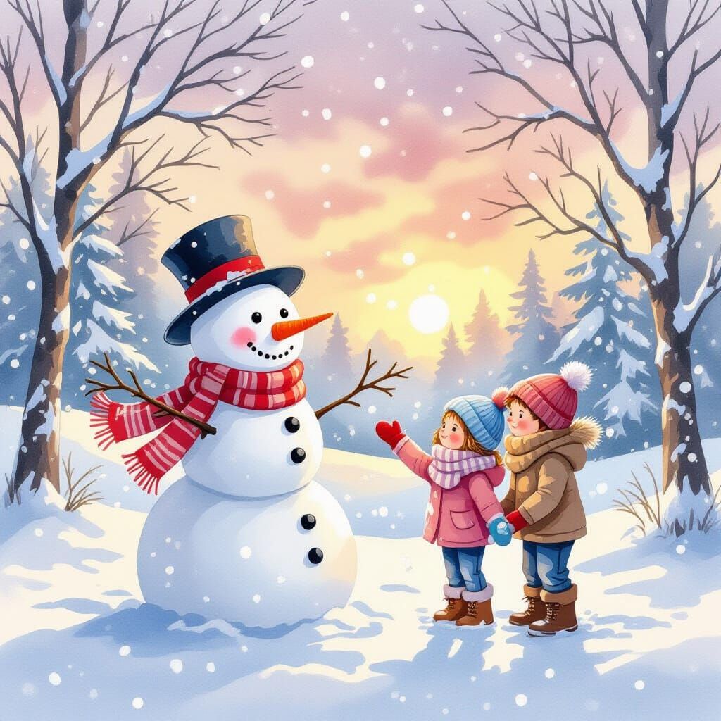 Cozy Snowman Scene in Fluid Watercolor Style