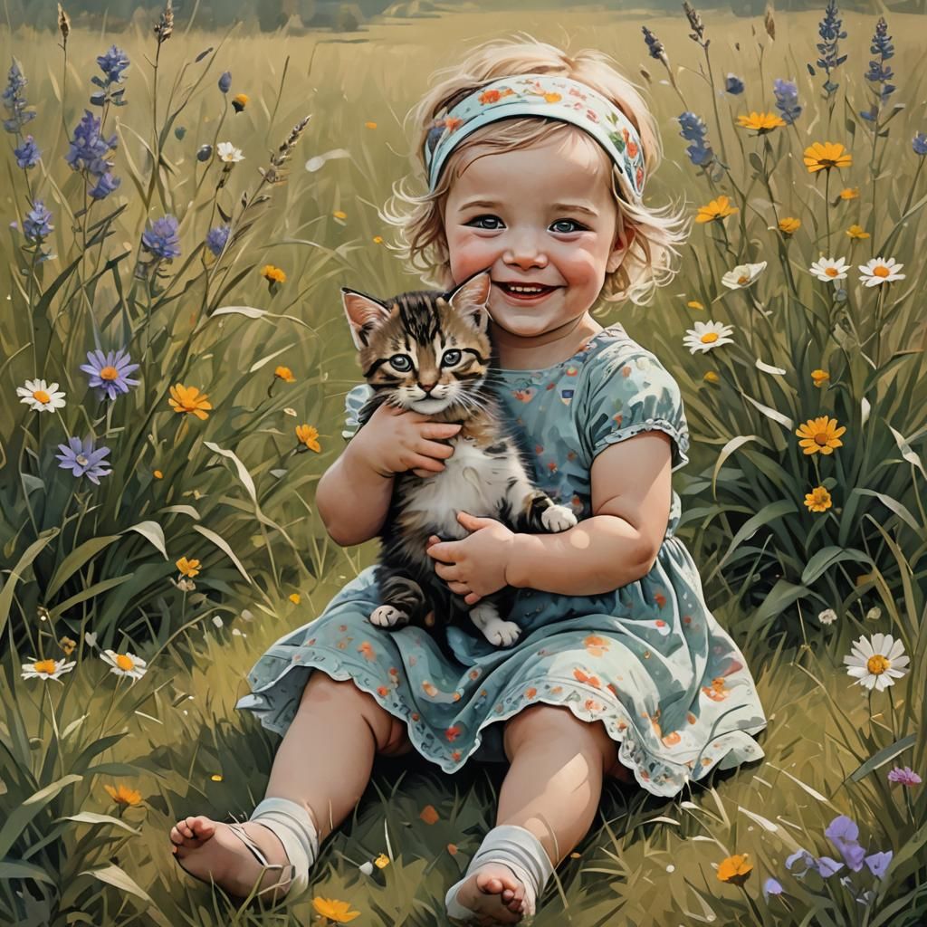 Cute Baby Girl with Kitten in Meadow