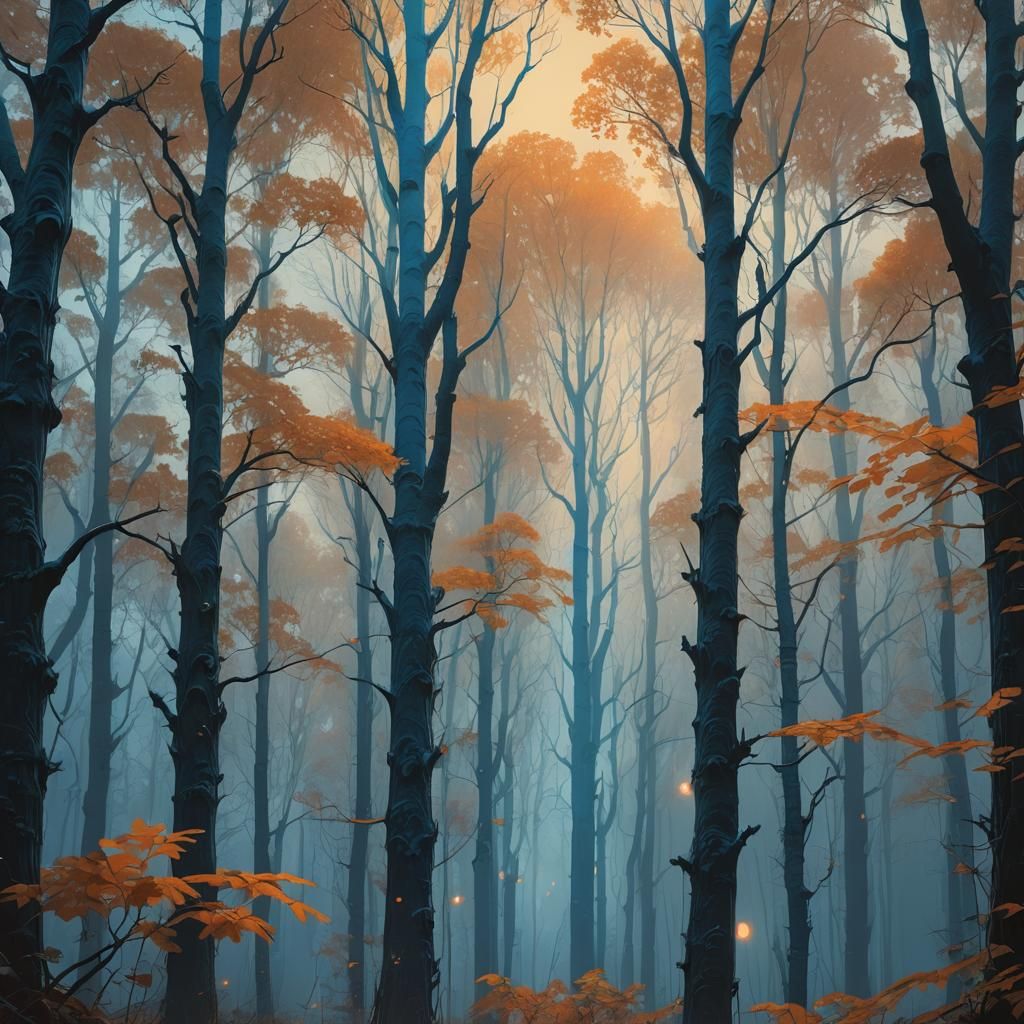 Mystical Forest with Towering Blue Leaf Trees